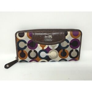 Coach Multi Color Signature C Zip Around Wallet Brown‎ Leather Trim 8x4"